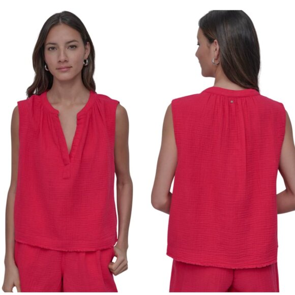 DKNY Jeans Sleeveless Split Neck Gauze Popover top and short set size M - Picture 2 of 11